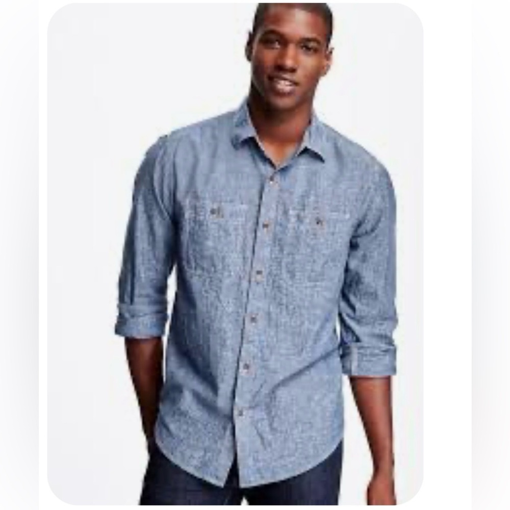Old‎ Navy Mens Built-In Flex Long Sleeve Button Down Shirt Blue Heather Large